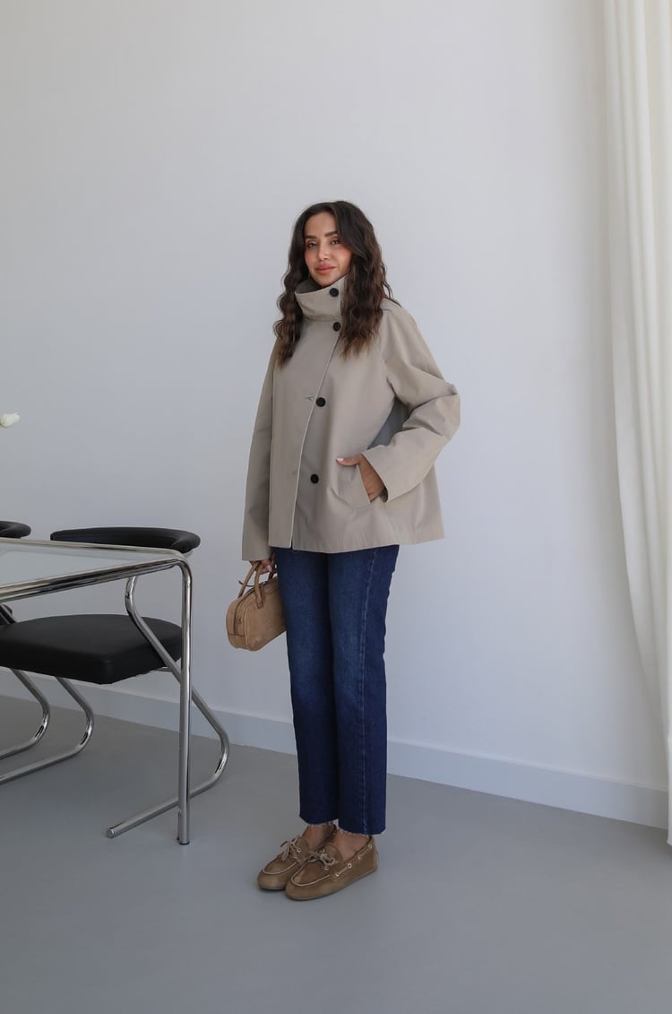 Bej Düğmeli Oversize Trençkot