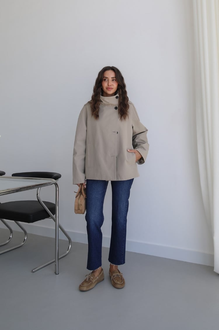 Bej Düğmeli Oversize Trençkot