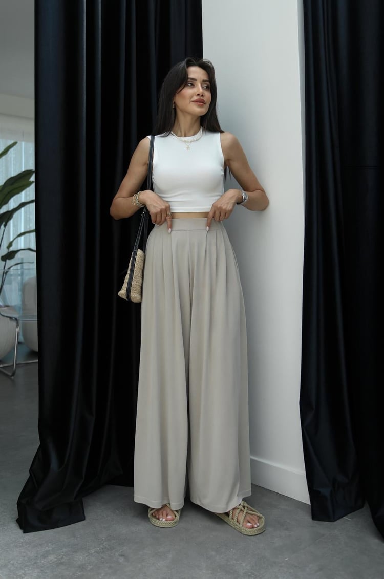 Bej Ekstra Wide Leg Modal Pantolon