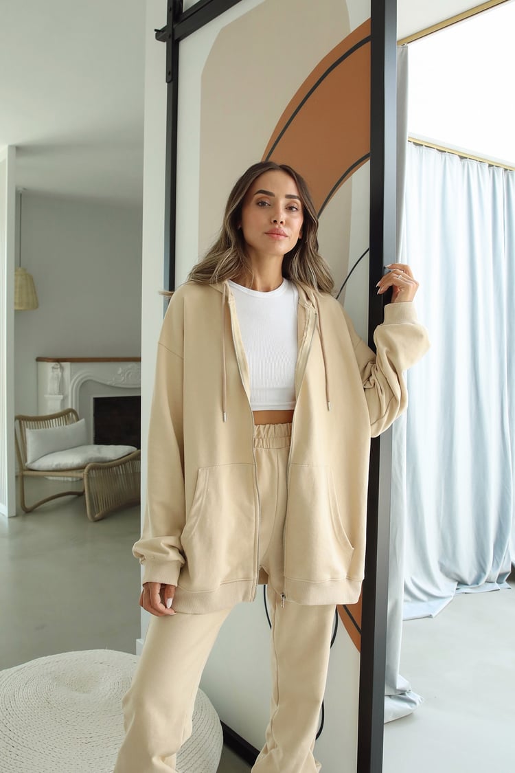 Bej Fermuarlı Kapüşonlu Sweatshirt