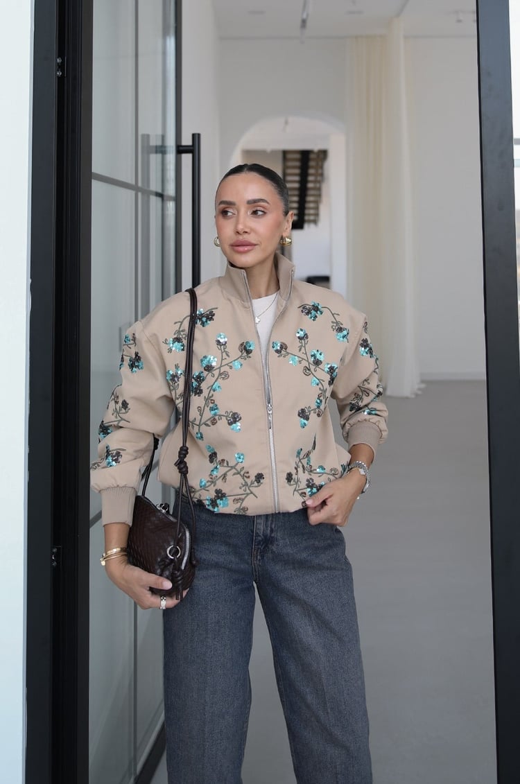 Bej Frida Payet Nakışlı Bomber Ceket