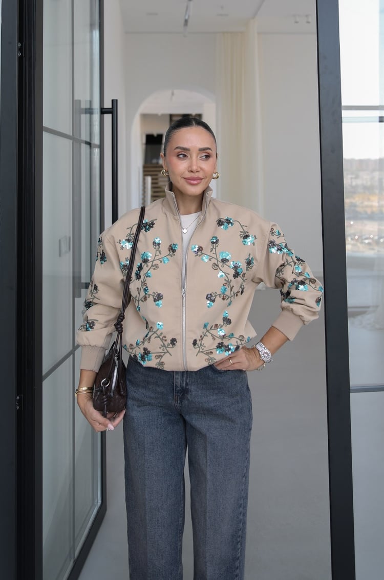 Bej Frida Payet Nakışlı Bomber Ceket