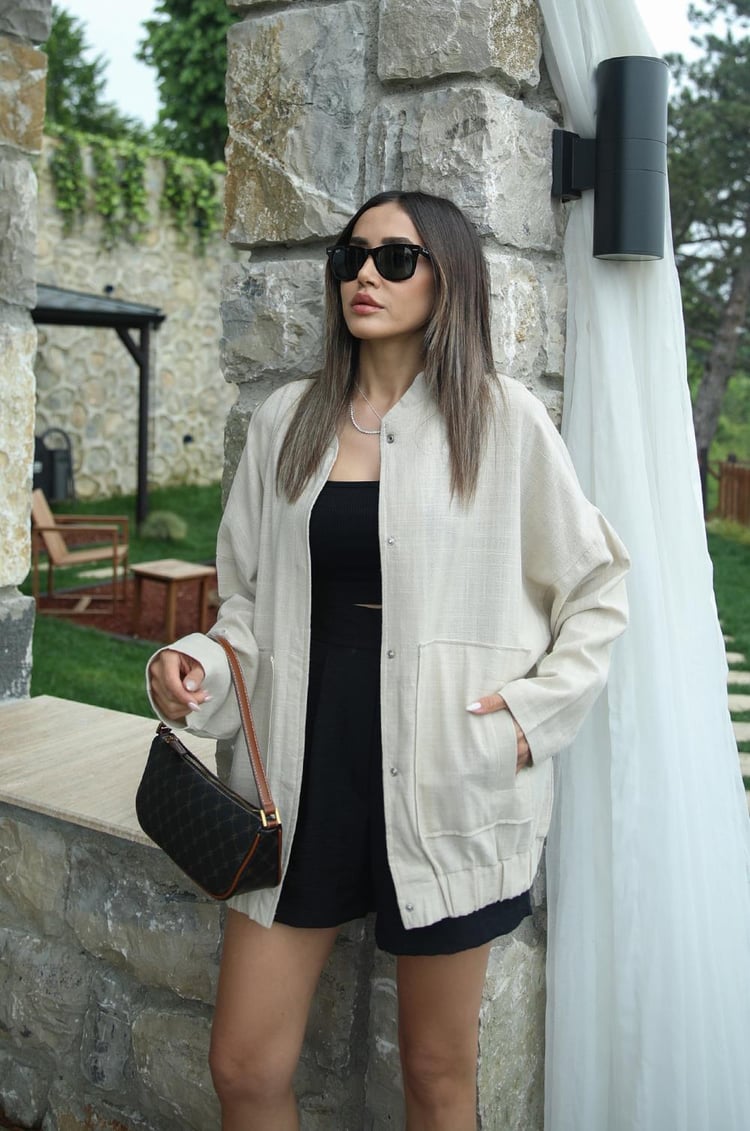 Bej Keten Bomber Ceket