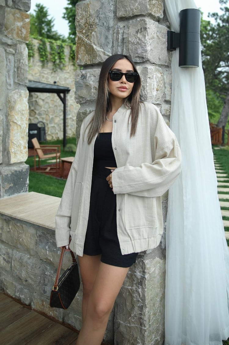 Bej Keten Bomber Ceket