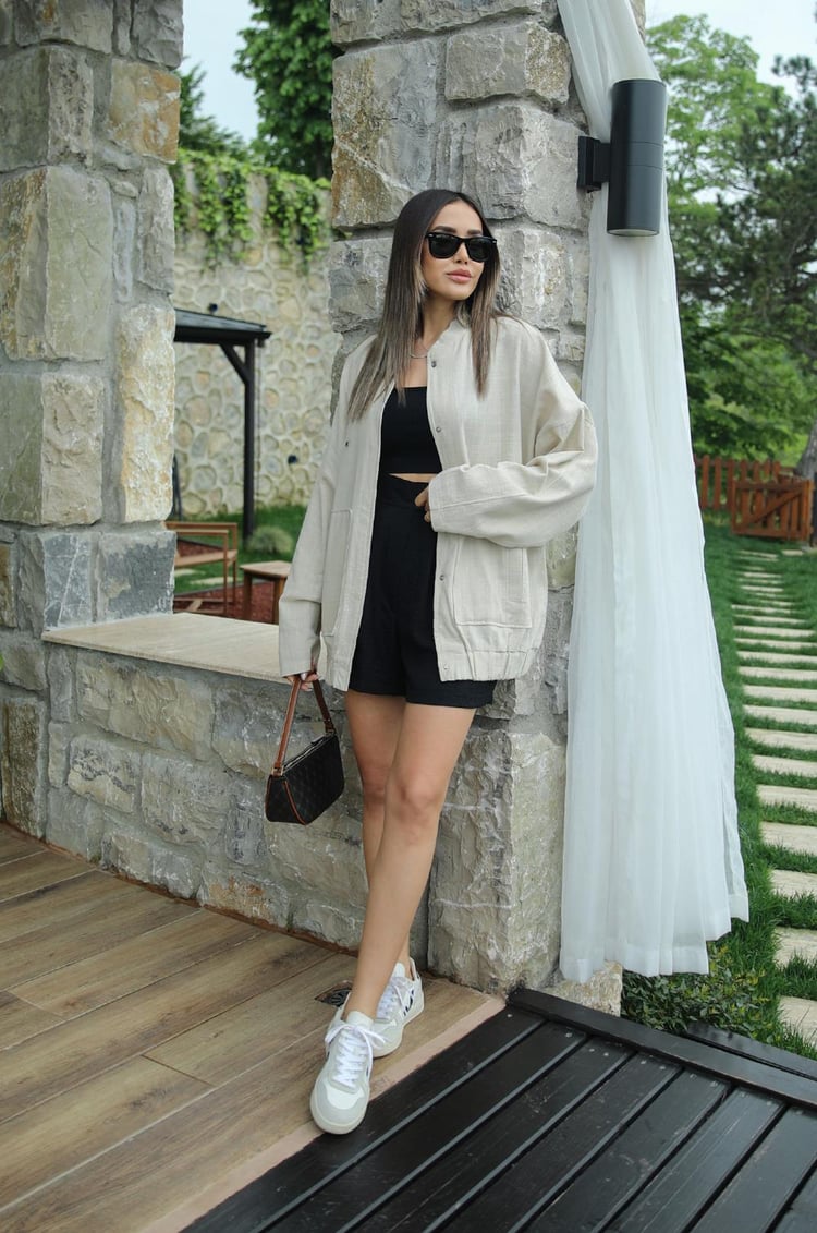 Bej Keten Bomber Ceket