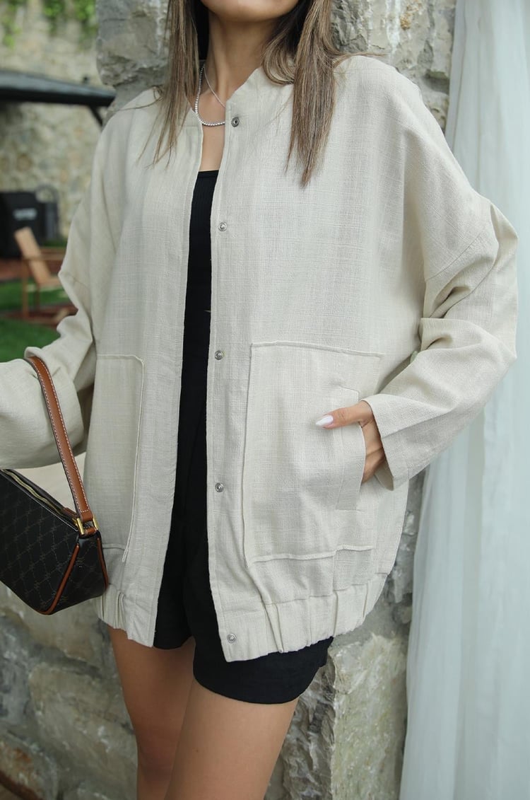 Bej Keten Bomber Ceket