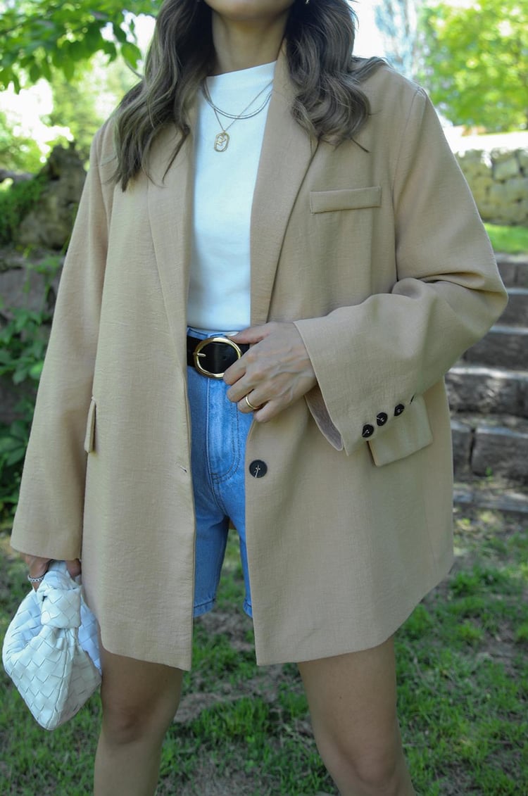 Bej Keten Oversize Blazer Ceket