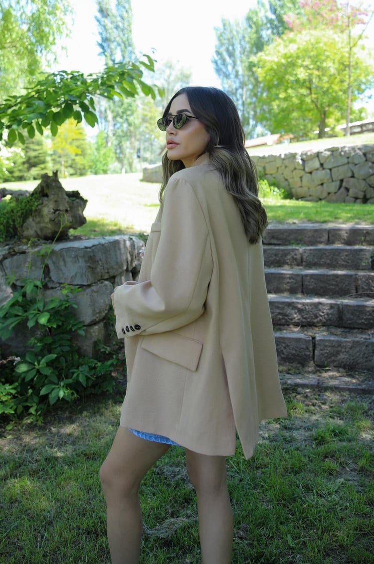 Bej Keten Oversize Blazer Ceket