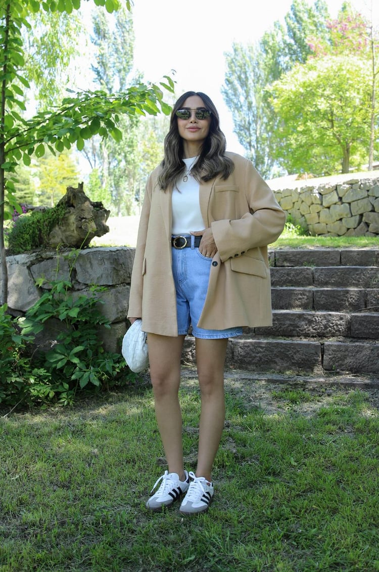 Bej Keten Oversize Blazer Ceket