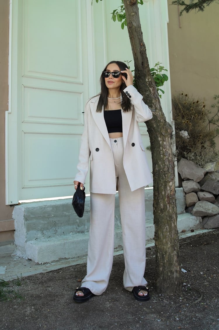 Bej Keten Pantolon Blazer Takım