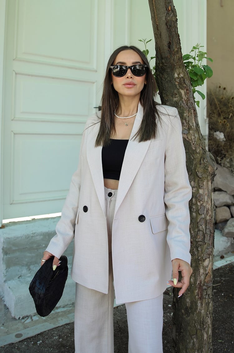 Bej Keten Pantolon Blazer Takım