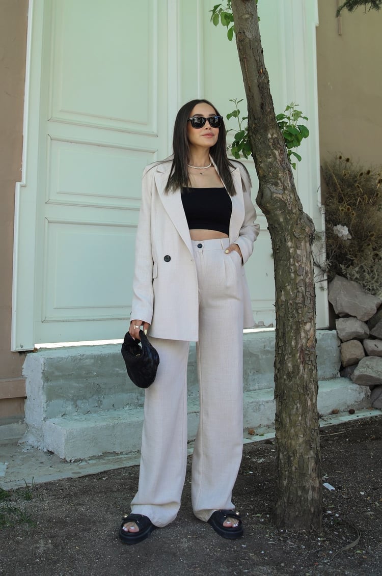 Bej Keten Pantolon Blazer Takım