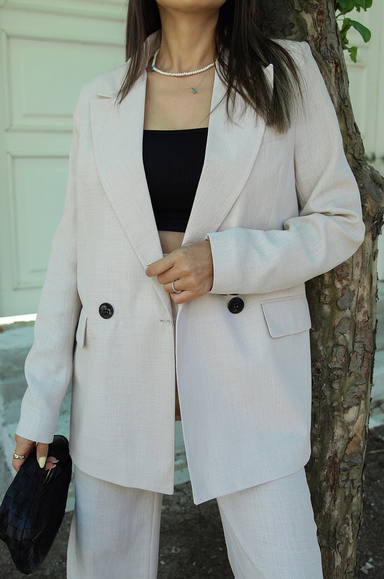 Bej Keten Pantolon Blazer Takım