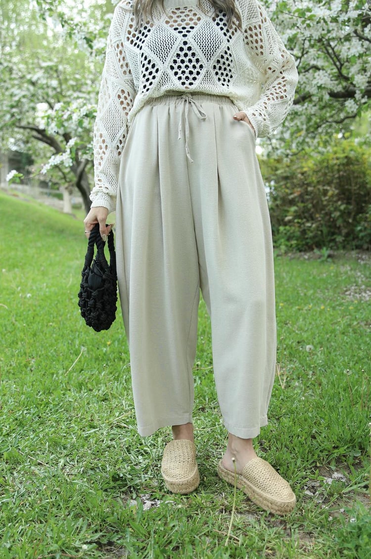 Bej Keten Şalvar Pantolon