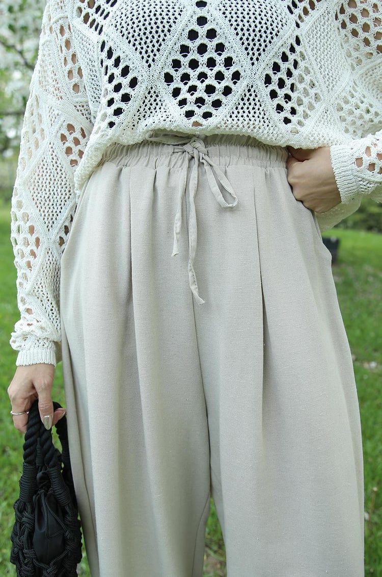 Bej Keten Şalvar Pantolon