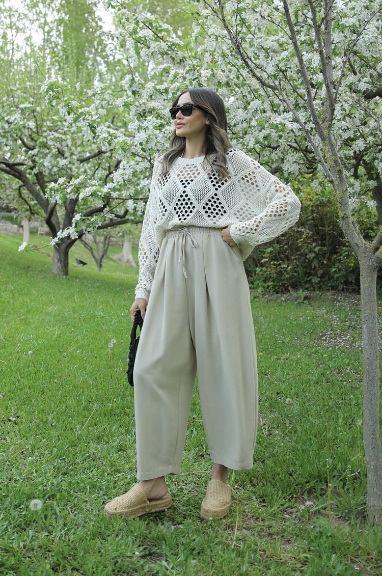 Bej Keten Şalvar Pantolon