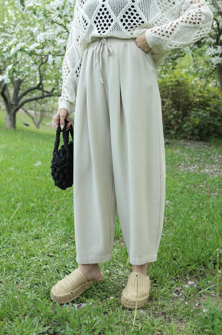 Bej Keten Şalvar Pantolon