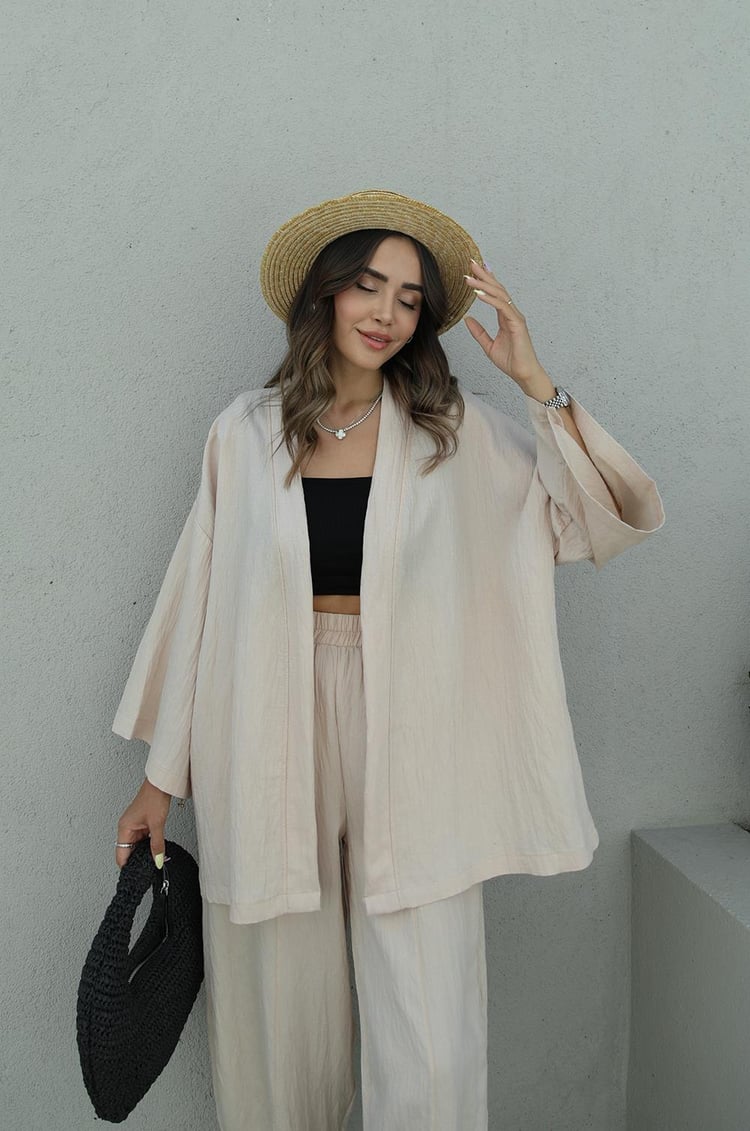 Bej Kimono Pantolon Takım