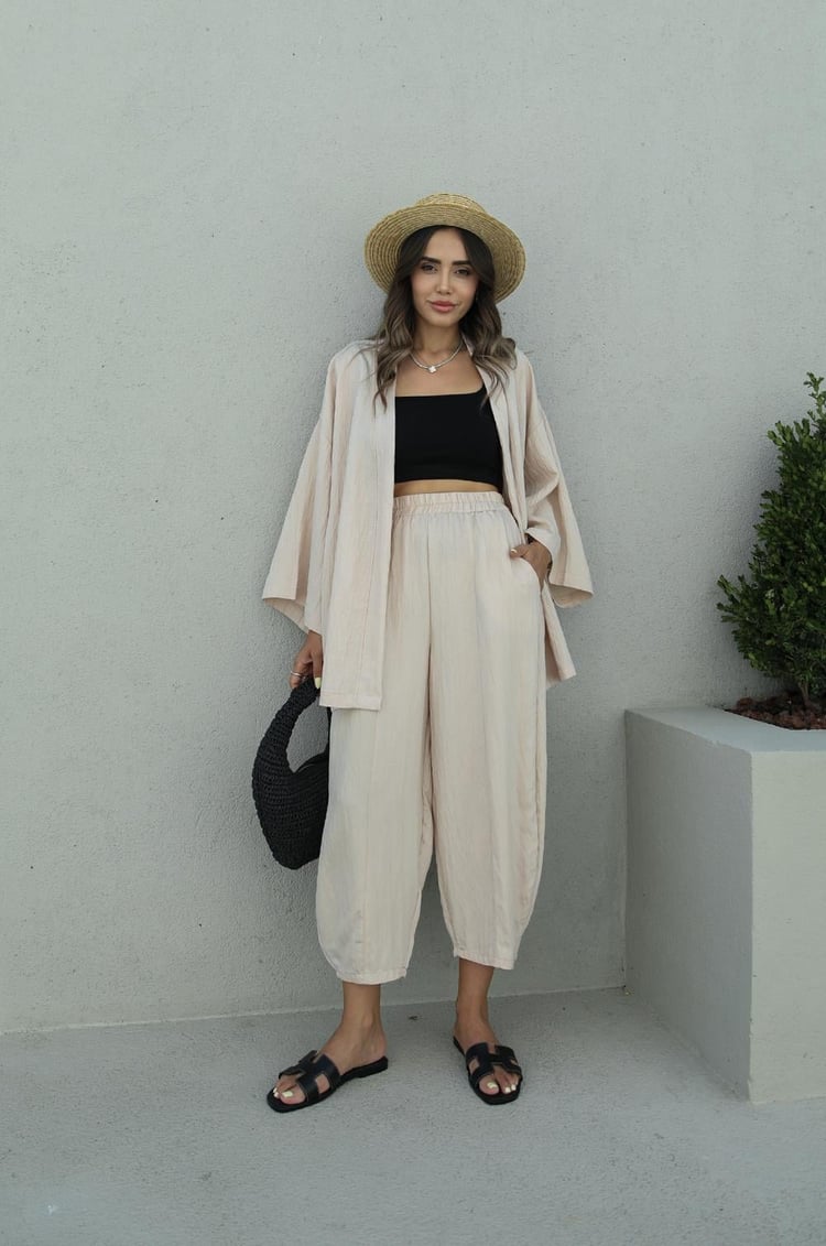 Bej Kimono Pantolon Takım