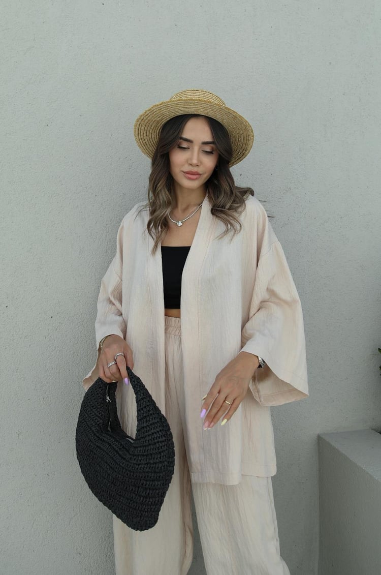 Bej Kimono Pantolon Takım