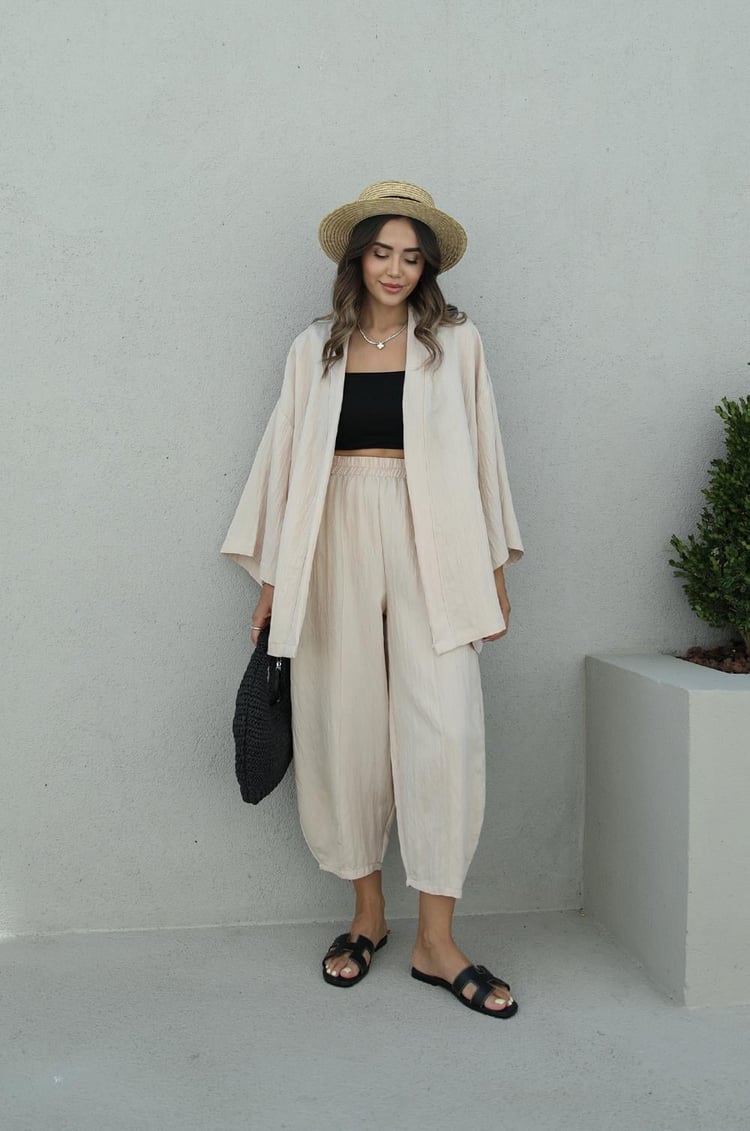 Bej Kimono Pantolon Takım