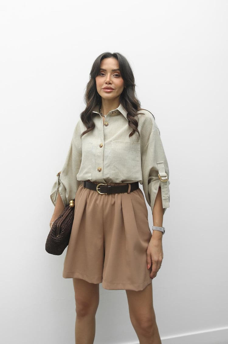 Bej Kolları Kemer Detaylı Ham Keten Gömlek