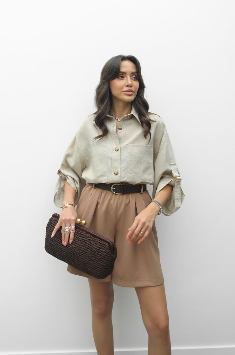 Bej Kolları Kemer Detaylı Ham Keten Gömlek