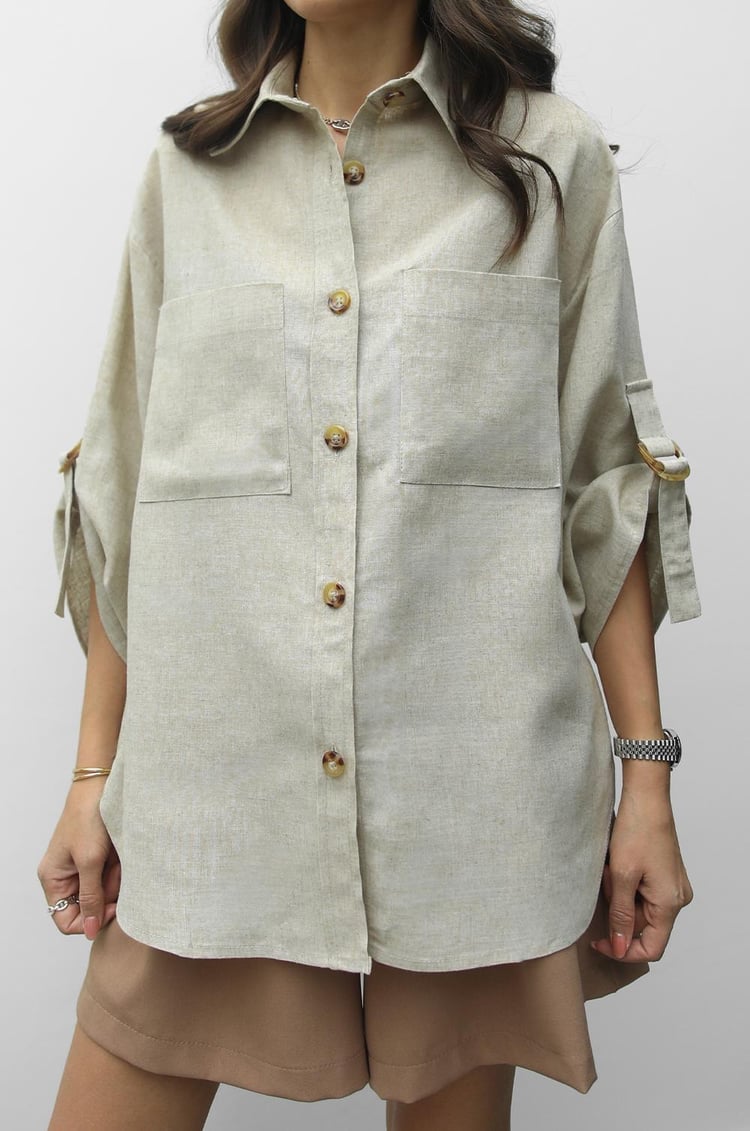 Bej Kolları Kemer Detaylı Ham Keten Gömlek