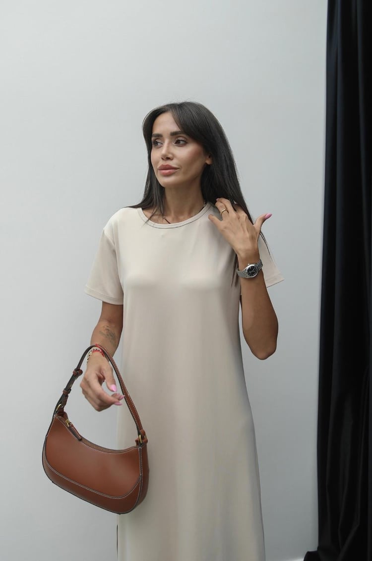 Bej Melina Yırtmaçlı Elbise