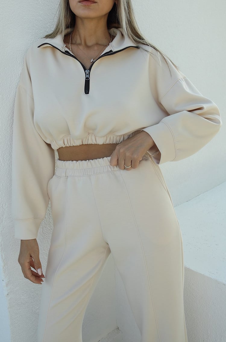 Bej Önü Fermuarlı Crop Sweatshirt Eşofman Takım