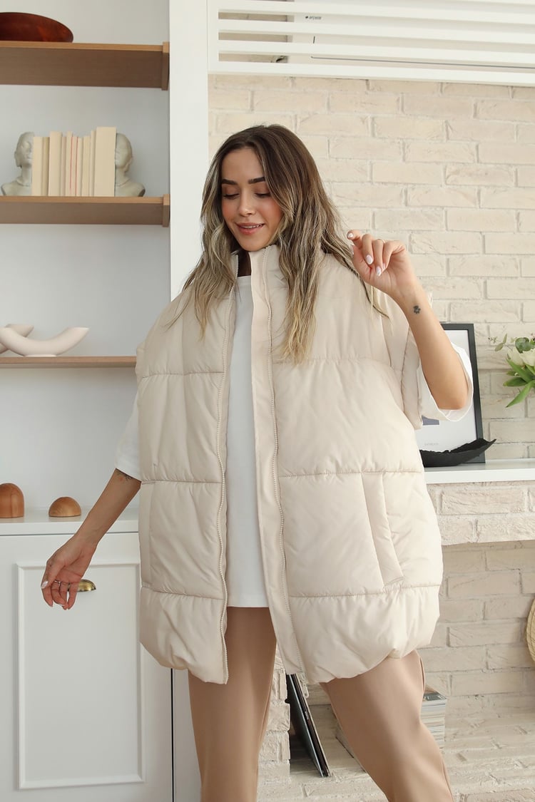 Bej Oversize Şişme Yelek