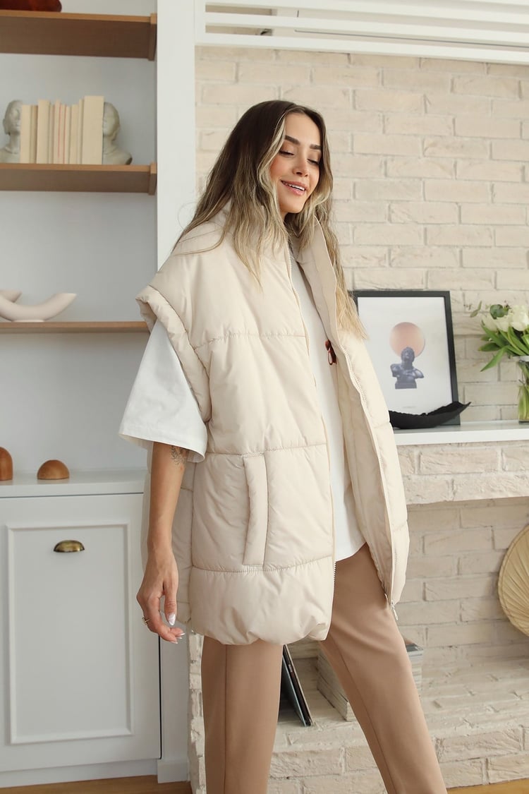 Bej Oversize Şişme Yelek