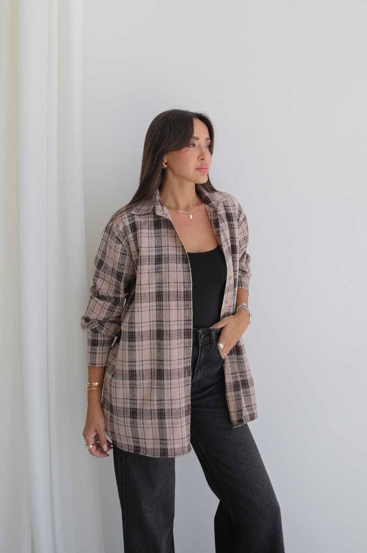 Bej Plaid Oduncu Ekose Gömlek