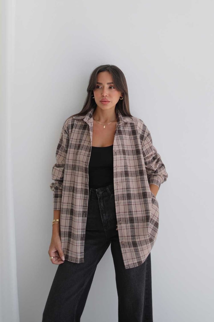 Bej Plaid Oduncu Ekose Gömlek