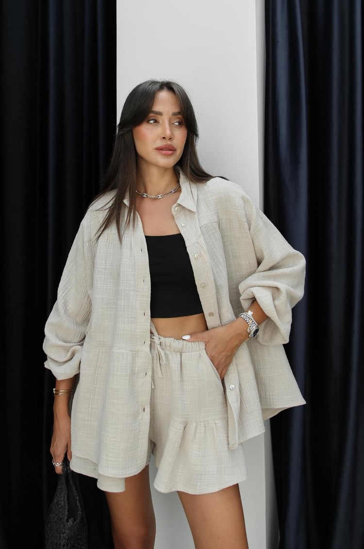 Bej Platt Gömlek Şort Müslin Takım