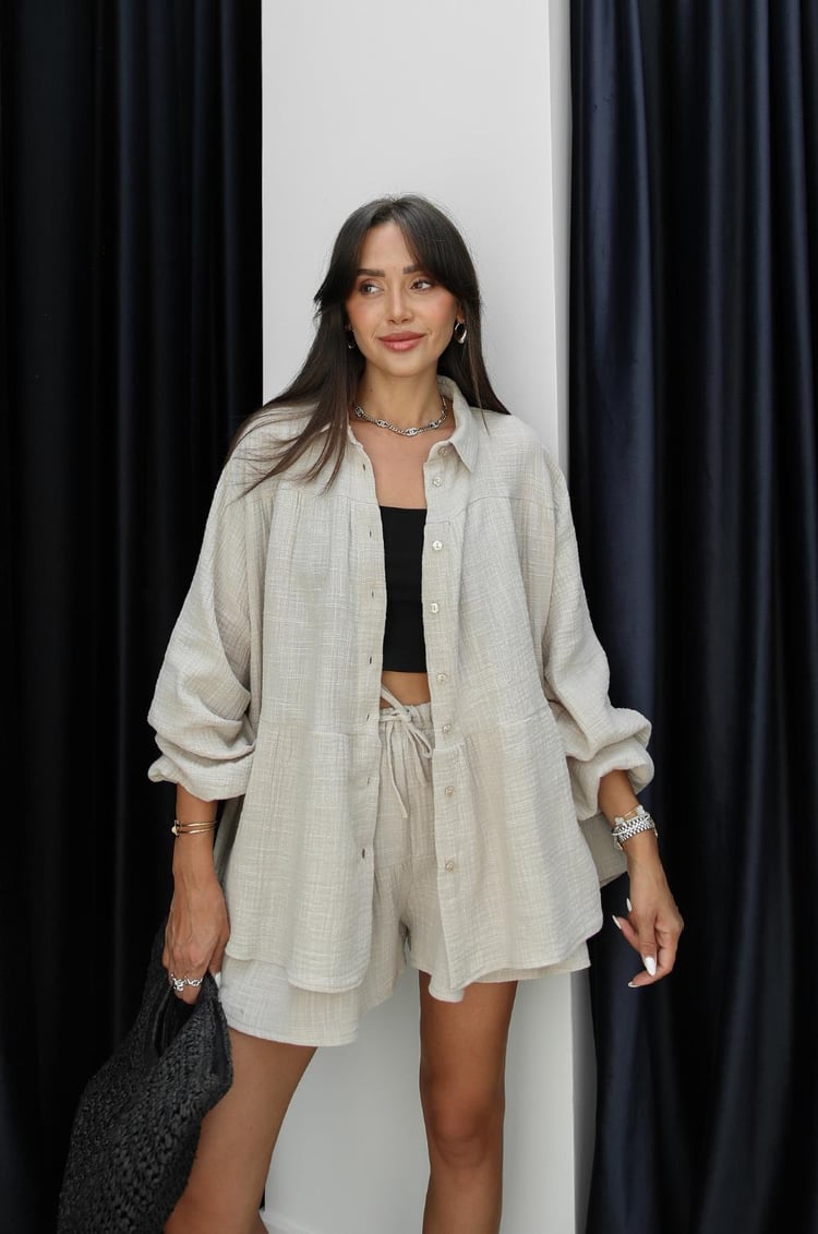 Bej Platt Gömlek Şort Müslin Takım