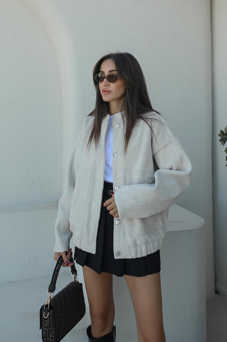 Bej Rayon Karışımlı Bomber Ceket