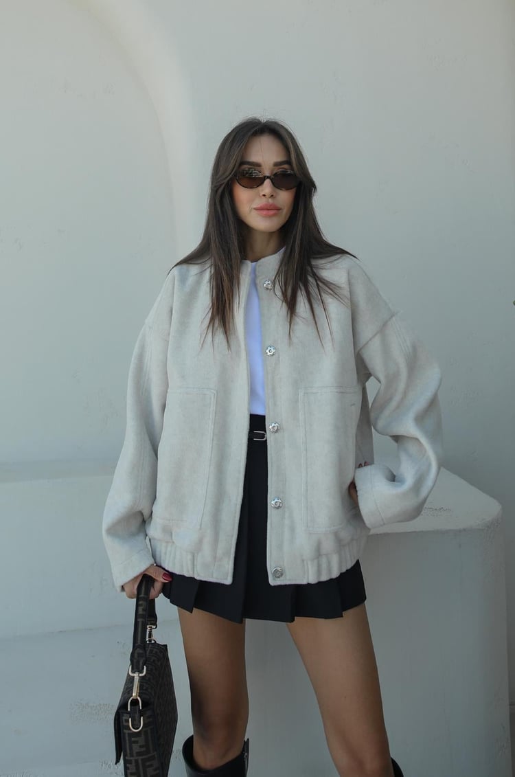 Bej Rayon Karışımlı Bomber Ceket