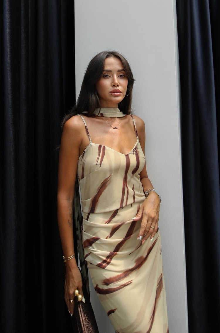 Bej Şallı Astarlı Tül Elbise