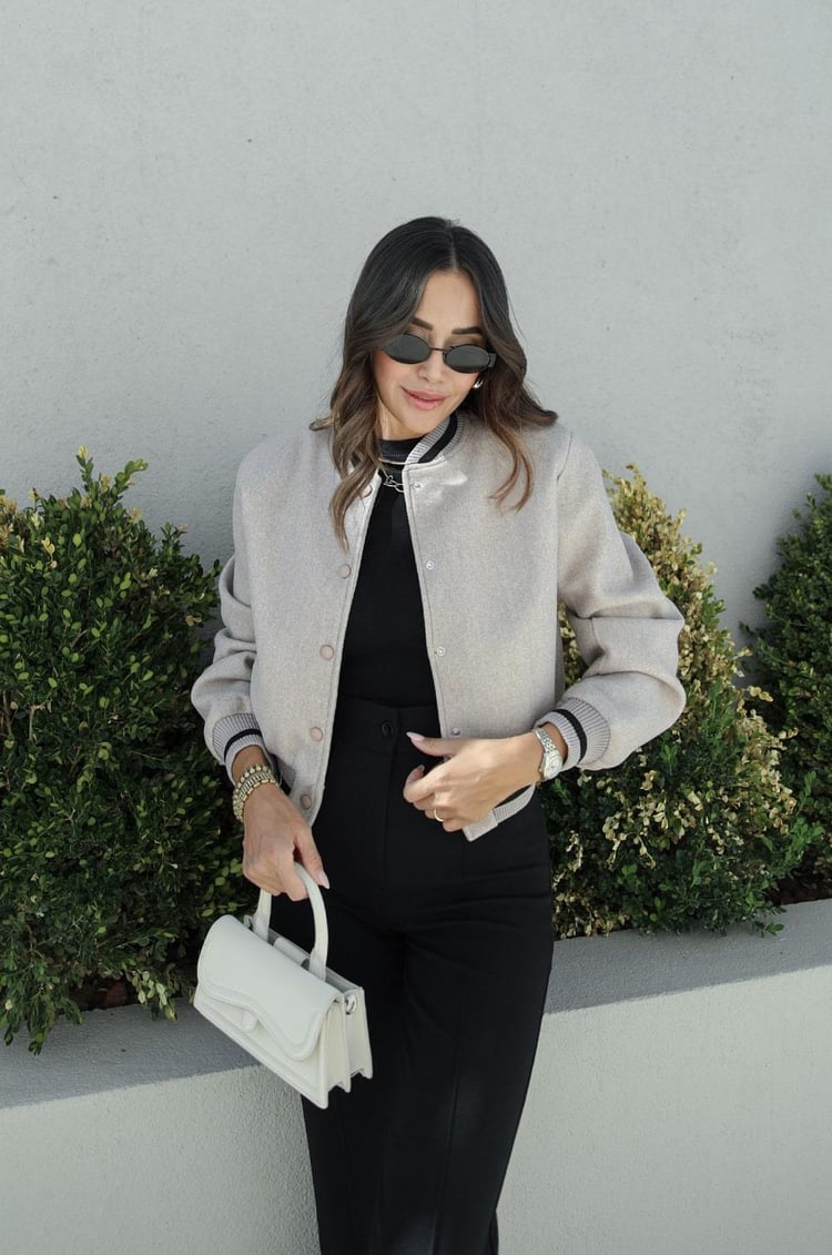 Bej Şerit Detaylı Kaşe Bomber Ceket