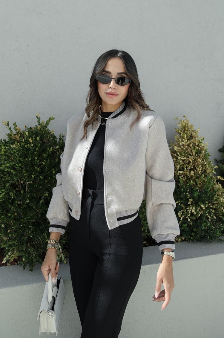 Bej Şerit Detaylı Kaşe Bomber Ceket