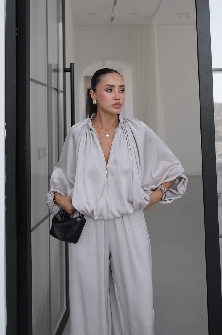 Bej Soho Bomber Ceket Pantolon Saten Takım