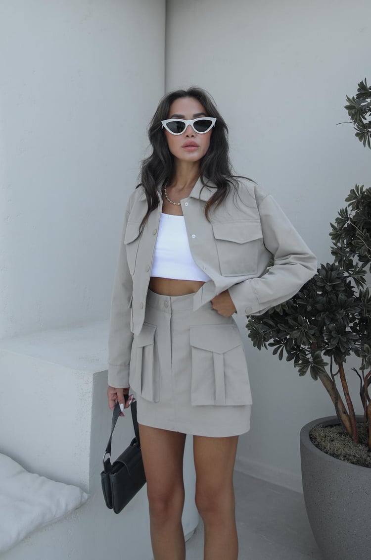 Bej Tens Gabardin Etek Ceket Takım