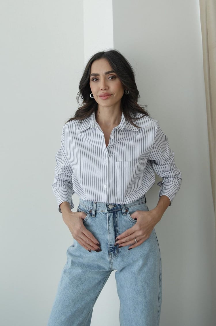 Beyaz Antrasit İnce Çizgili Gömlek