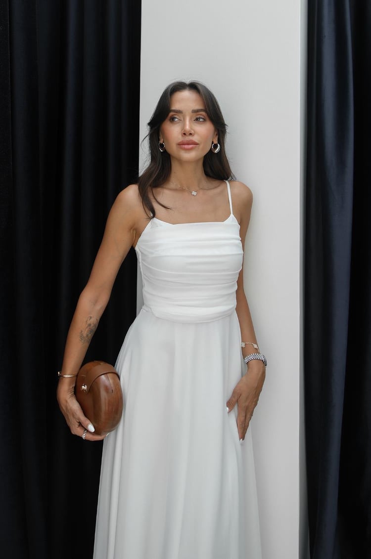 Beyaz Ares Önü Drapeli Şifon Elbise