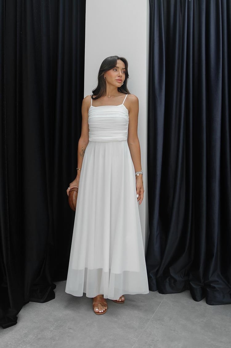 Beyaz Ares Önü Drapeli Şifon Elbise