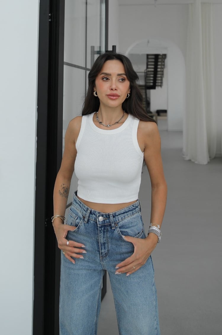 Beyaz Basic Fitilli Crop
