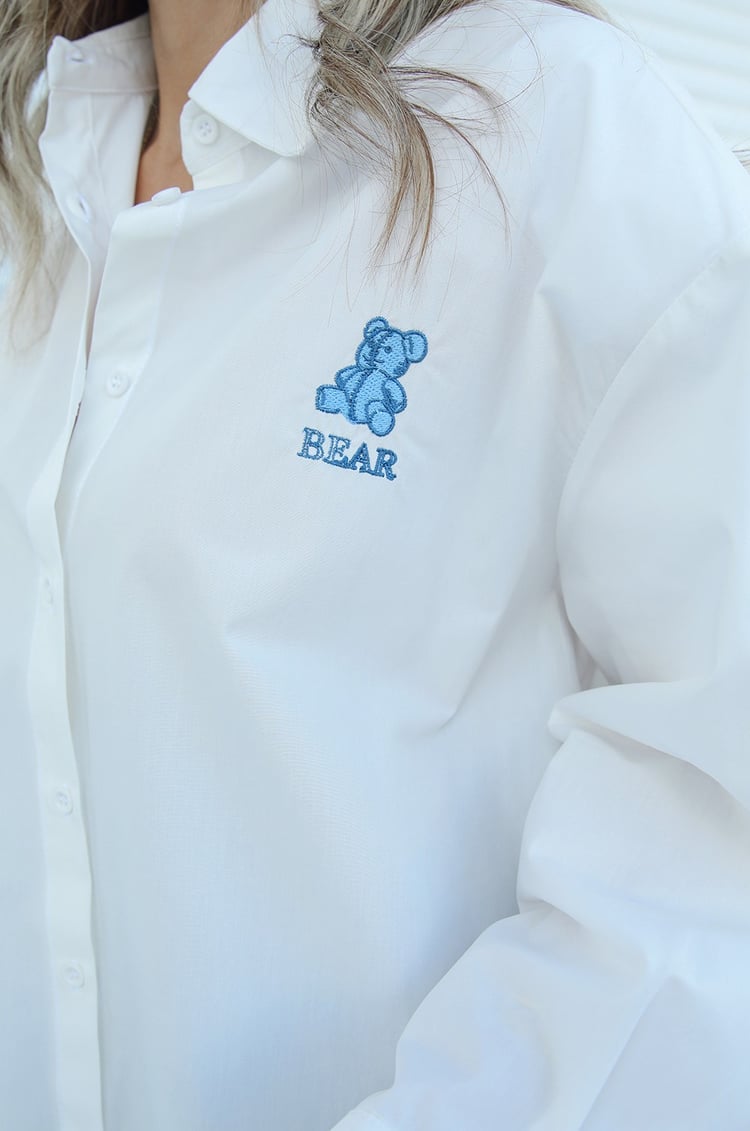 Beyaz Bear Nakışlı Tasarım Gömlek