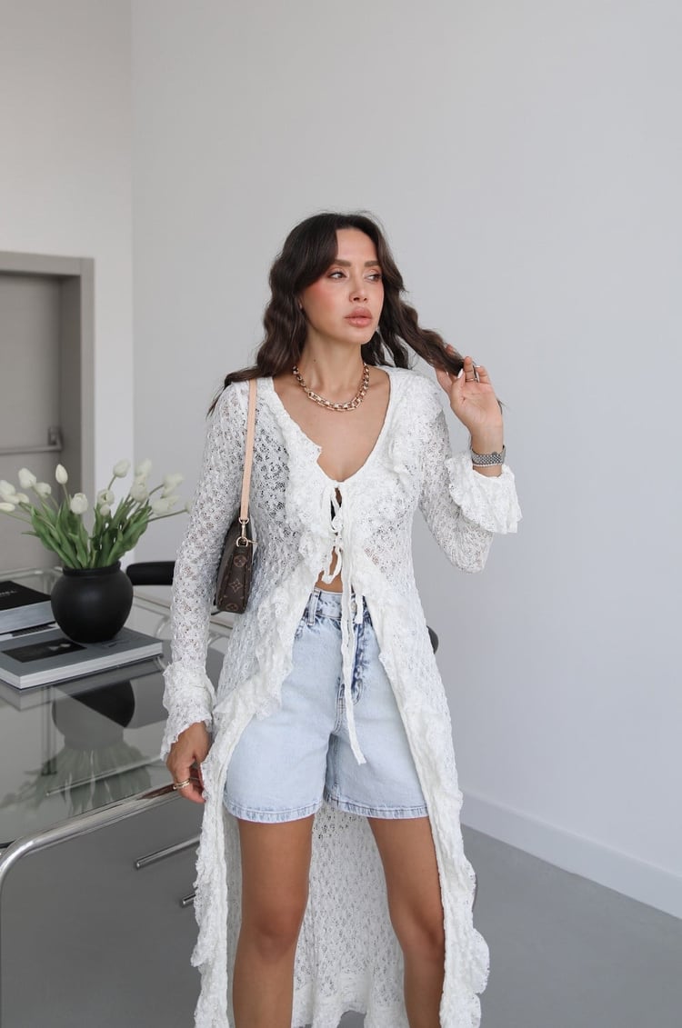 Beyaz Fırfırlı Dantel Kimono