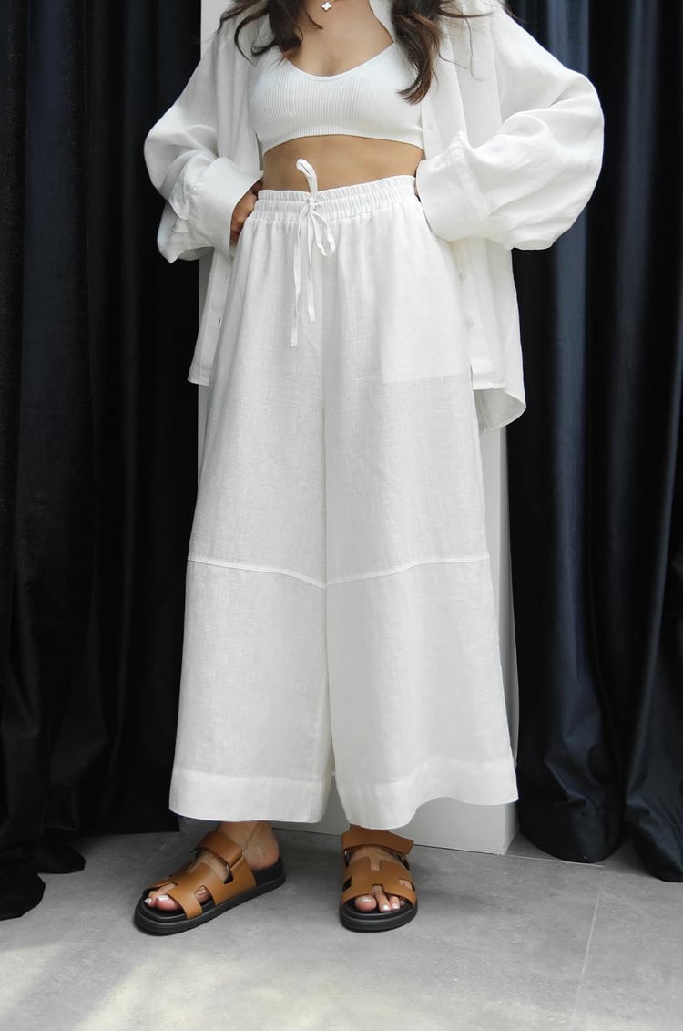 Beyaz Dikiş Detaylı %100 Keten Pantolon